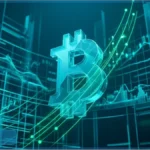 Symbole Bitcoin lumineux avec une flèche ascendante et le chiffre 62 000, représentant la croissance du marché crypto face au dollar.