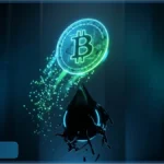 Un Bitcoin lumineux s'élève au-dessus d'une goutte de pétrole noir, illustrant le rebond du marché crypto.