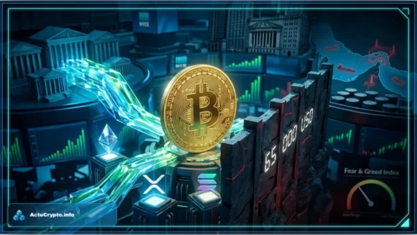 Graphique financier lumineux montrant la hausse et le rebond technique du marché crypto