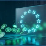Des pièces numériques percutant un mur de verre avec les étoiles de l'Union européenne, illustrant l'impact de la réglementation sur le marché crypto.