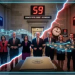 Marteau de juge futuriste avec éclairage néon vert sur un bureau sombre, illustrant la régulation juridique des cryptomonnaies et le débat sur le CLARITY Act au Sénat.