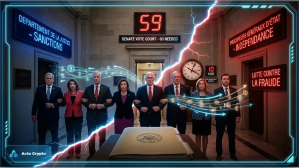 Marteau de juge futuriste avec éclairage néon vert sur un bureau sombre, illustrant la régulation juridique des cryptomonnaies et le débat sur le CLARITY Act au Sénat.