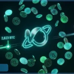 Illustration 3D du logo Metaplanet entouré de Bitcoins avec une jauge de progression indiquant 2823 BTC vers l'objectif 2026