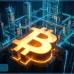 Logo Bitcoin doré au centre d'une ville futuriste illustrant la vision de Michael Saylor sur la stabilité du réseau