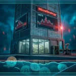 Plaque MSTR de MicroStrategy posée sur des pièces de Bitcoin avec un graphique financier en baisse