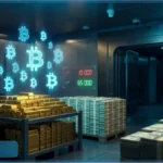 Chambre forte avec lingots d'or, billets et symboles Bitcoin lumineux illustrant la stratégie de MicroStrategy