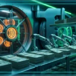 Salle des coffres futuriste avec des bras robotiques manipulant des dollars et des Bitcoins stockés, symbolisant la stratégie de MicroStrategy.