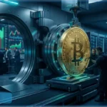 Symbole Bitcoin lumineux en 3D illustrant l'actualité : MicroStrategy vend encore Bitcoin sur le marché.
