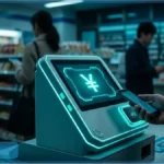 Client payant avec un stablecoin adossé au yen via smartphone sur une caisse futuriste dans un magasin Lawson à Tokyo.