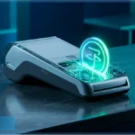 Terminal de paiement moderne traitant une transaction en stablecoins avec une piece numerique lumineuse.
