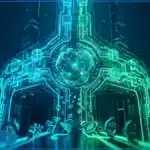 Illustration 3D conceptuelle de la convergence entre crypto et intelligence artificielle