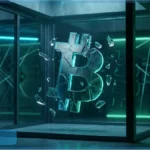 Logo Bitcoin en verre brisé symbolisant la critique de Peter Schiff sur la dilution des actions MicroStrategy