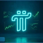 Logo neon de Pi Network avec des graphiques financiers illustrant le rebond du cours du PI
