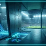 Smartphone avec un cadenas rouge sur un terrain de football virtuel illustrant le blocage de Polymarket par l'ANJ
