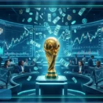 Ballon de football lumineux sur un graphique financier illustrant les paris sur Polymarket pour la Coupe du monde 2026