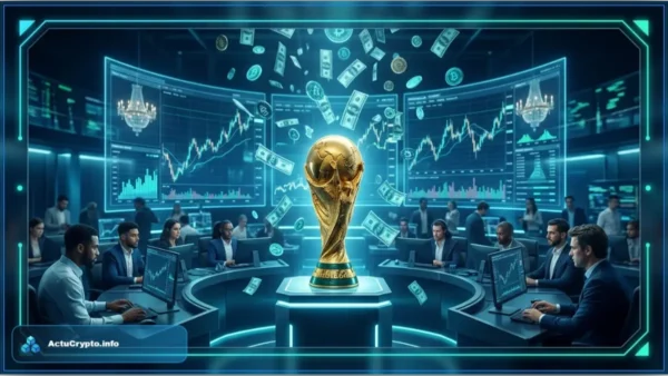 Ballon de football lumineux sur un graphique financier illustrant les paris sur Polymarket pour la Coupe du monde 2026