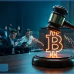 Marteau de juge et graphique Bitcoin lumineux illustrant un marché de prédiction contesté en justice