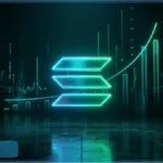 Logo lumineux de Solana avec des graphiques financiers en arrière-plan illustrant le rebond du prix à 80 dollars