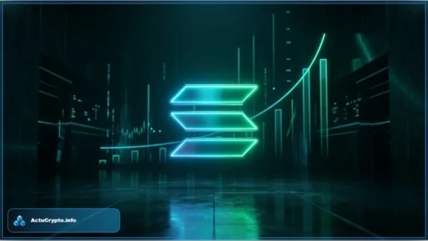 Logo lumineux de Solana avec des graphiques financiers en arrière-plan illustrant le rebond du prix à 80 dollars