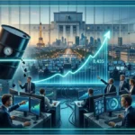 Graphique haussier en néon bleu et taureau vert illustrant le rebond du CAC 40