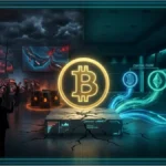Logo Bitcoin lumineux en néon bleu avec des graphiques de trading verts en arrière-plan, illustrant la résilience du marché crypto