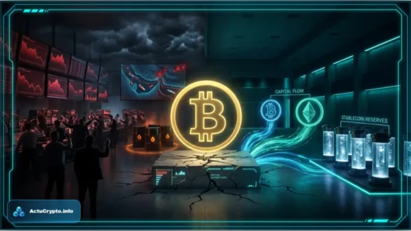 Logo Bitcoin lumineux en néon bleu avec des graphiques de trading verts en arrière-plan, illustrant la résilience du marché crypto