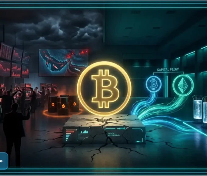 Logo Bitcoin lumineux en néon bleu avec des graphiques de trading verts en arrière-plan, illustrant la résilience du marché crypto