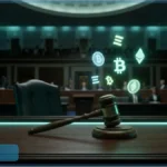 Marteau de justice au Senat americain avec des symboles de cryptomonnaies illustrant la regulation crypto
