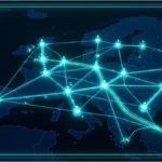 Carte de l'Europe illuminée montrant les nœuds du réseau blockchain RL1 reliant les institutions financières