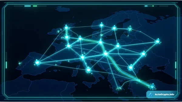 Carte de l'Europe illuminée montrant les nœuds du réseau blockchain RL1 reliant les institutions financières
