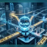 Des experts financiers analysent des données devant un coffre-fort lumineux illustrant l'adoption institutionnelle du stablecoin RLUSD de Ripple.