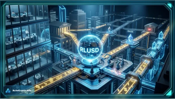 Des experts financiers analysent des données devant un coffre-fort lumineux illustrant l'adoption institutionnelle du stablecoin RLUSD de Ripple.