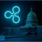 Logo Ripple en néon bleu flottant au-dessus du bâtiment du Capitole des États-Unis, symbolisant la pression sur Washington.