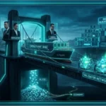 Coffre-fort bancaire futuriste avec circuits numériques lumineux illustrant la sécurité du réseau Ripple