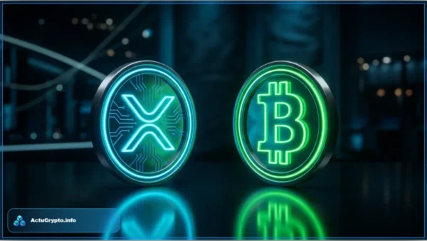 Pièces lumineuses de Ripple XRP et Bitcoin se faisant face illustrant la concurrence dans les paiements