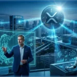 Hologramme cyan symbolisant le réseau Ripple et le XRP Ledger dans une salle de marché futuriste