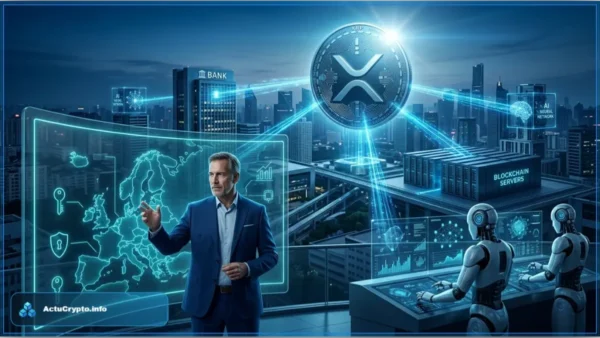 Hologramme cyan symbolisant le réseau Ripple et le XRP Ledger dans une salle de marché futuriste
