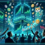 Logo en neon bleu de la Robinhood Chain connecte a un reseau de blocs verts illustrant son explosion sur le marche des memecoins