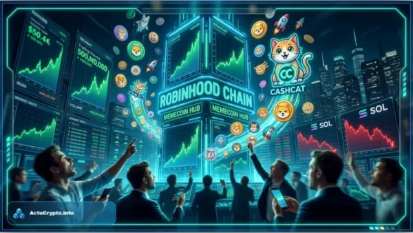 Logo en neon bleu de la Robinhood Chain connecte a un reseau de blocs verts illustrant son explosion sur le marche des memecoins