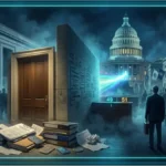 Un senateur americain au bureau avec des documents legislatifs et un symbole crypto lumineux, representant le blocage du CLARITY Act par Ruben Gallego.
