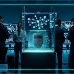 Illustration d'une saisie de Bitcoin : des enquêteurs et des policiers dans un centre d'opérations analysent des données, avec un portefeuille matériel crypto exposé dans une vitrine comme une preuve majeure.