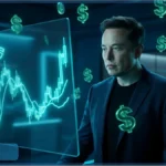 Elon Musk observant un graphique boursier Tesla avec des symboles de dollars flottants illustrant le salaire Elon Musk