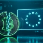 Un Bitcoin brisé en deux à côté du drapeau de l'Union européenne, illustrant les nouvelles sanctions crypto contre HTX et la Russie.