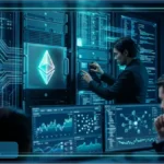 Serveur informatique affichant le logo Ethereum dans une salle de contrôle, illustrant l'audit de sécurité par l'IA