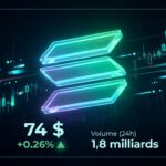 Graphique 3D du logo Solana affichant un prix de 74 dollars et une variation de +0.26%