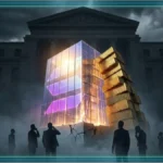 Cube lumineux Solana sur un socle fissuré devant un bâtiment de la Réserve fédérale illustrant la pression macroéconomique