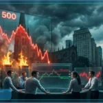 Graphique 3D du S&P 500 en baisse avec des tons néon cyan et vert