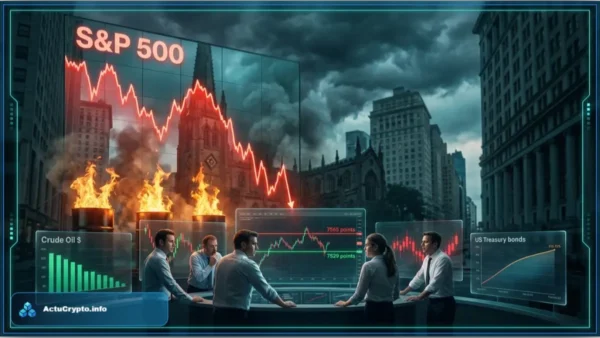 Graphique 3D du S&P 500 en baisse avec des tons néon cyan et vert
