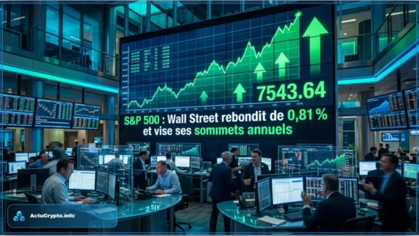 Graphique boursier affichant la hausse du S&P 500 à Wall Street avec un rebond de 0,81 % vers ses sommets annuels