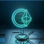 Logo lumineux combinant l'euro et Ethereum au-dessus d'un coffre-fort, illustrant le stablecoin Crédit Agricole EURXT.